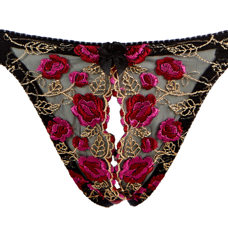 Embroidery Flower Open Cup Crotchless Bra Panty Sets