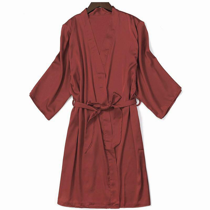Elegant Solid Color Faux Silk Kimono Set Nightdress