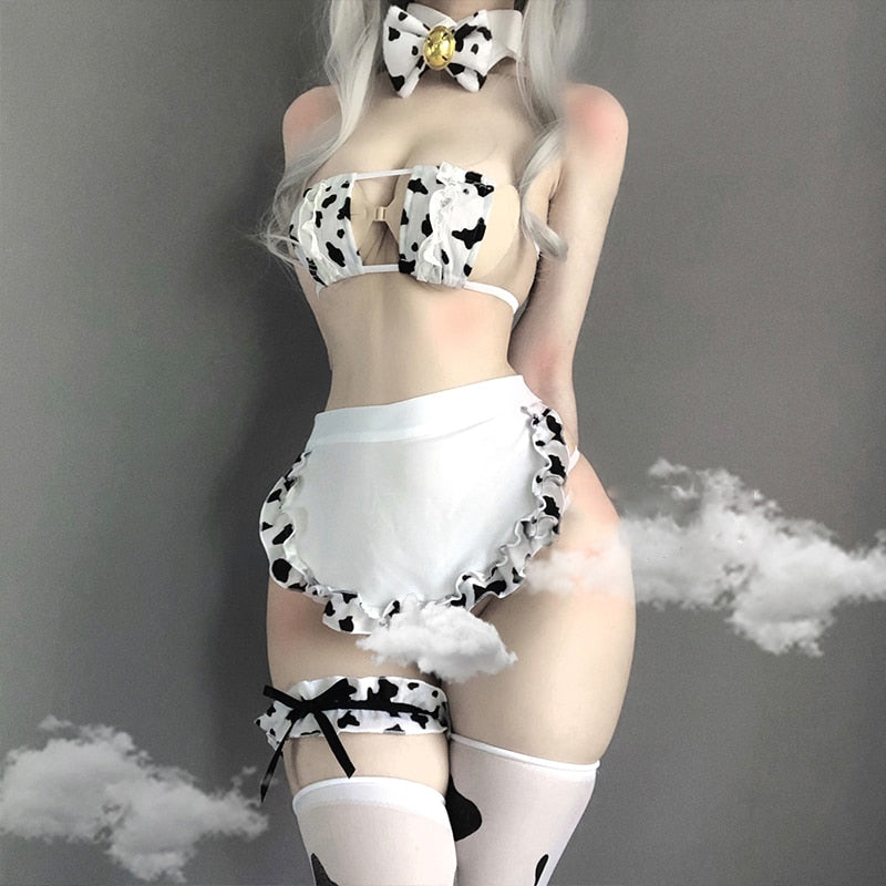 Erotic Mini Cow Lolita Lingerie Set Maid Costume