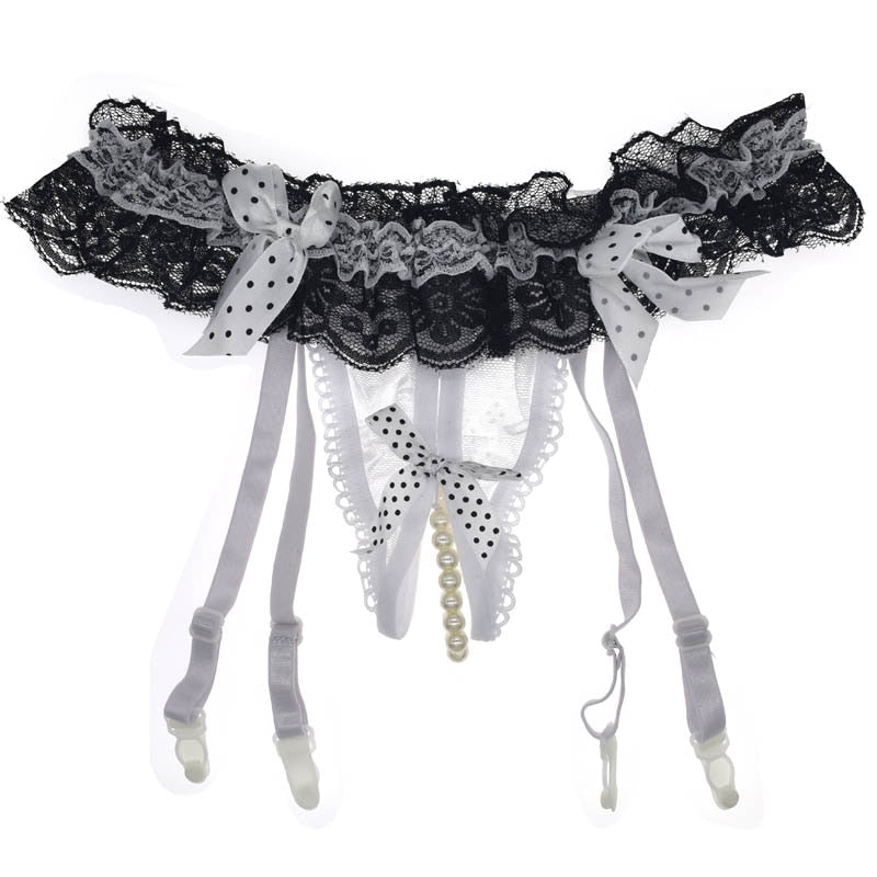 Floral Ruffle Mesh Crotchless Pearl Garter Belts