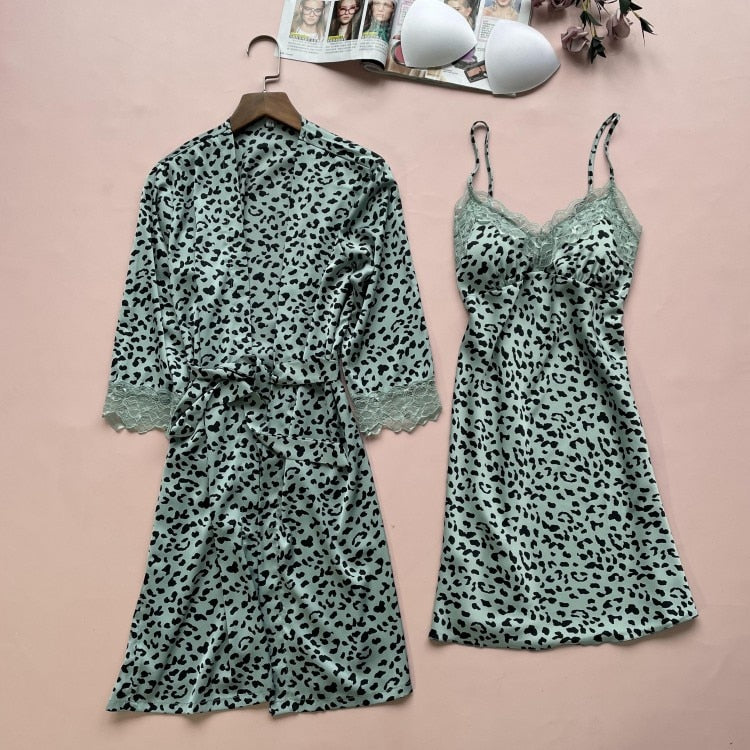 Leopard Print Floral Lace Trim Silk Loungewear Set