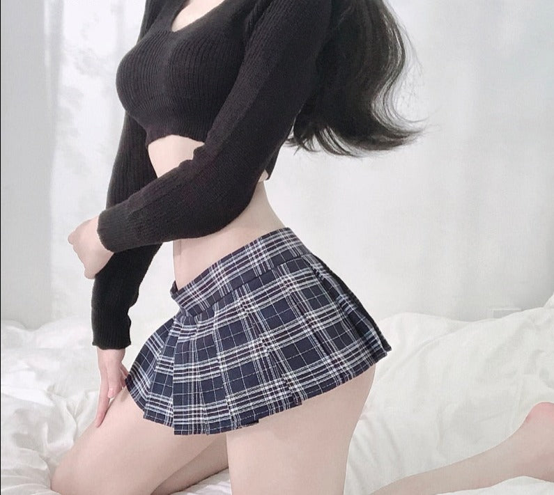 Sexy Sweater Crop Top Plaid Mini Skirt Hot Student Costume