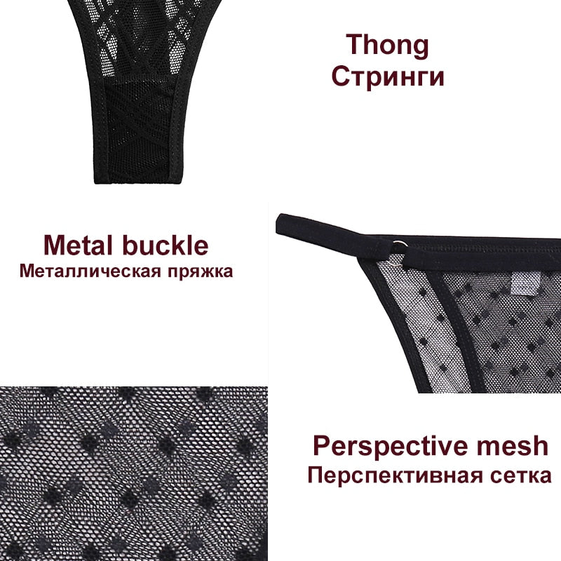 See Through Dot Lace Mesh Metal Strap Panties