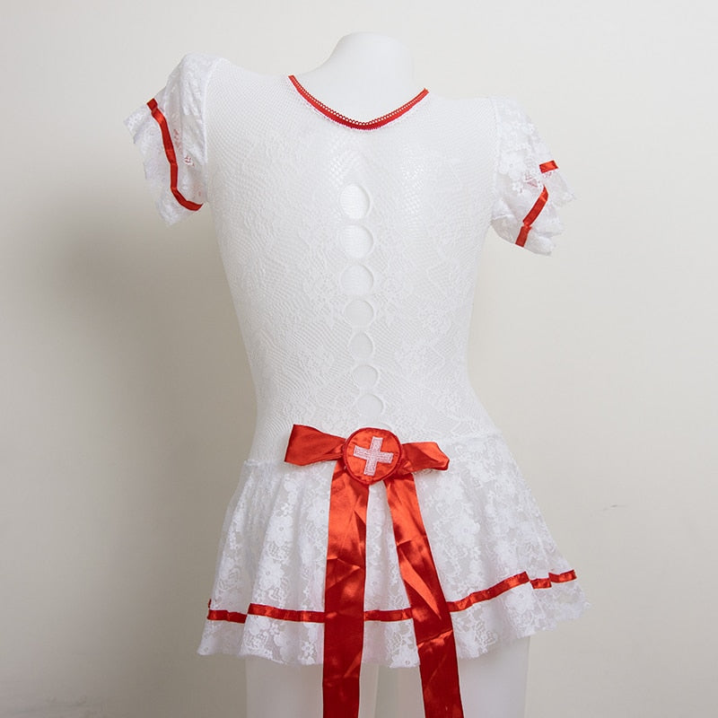 Embroidery Hollow Out Dress Nurse Lingerie Set