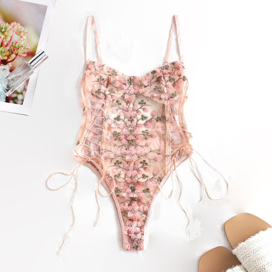 Embroidered Floral Lace Up Mesh Teddy Bodysuit