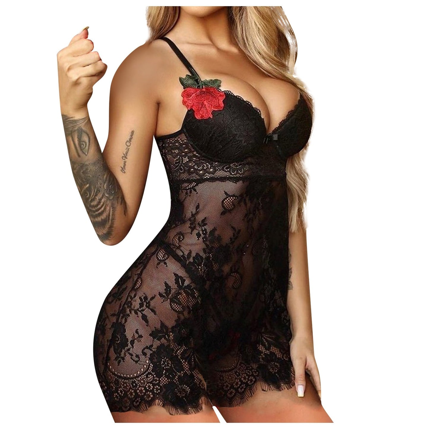 Embroidery Floral Lace Mesh Open Crotch Babydoll And Chemises