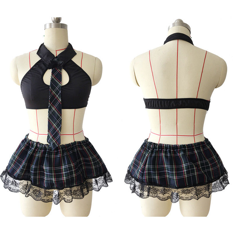 Plus Size Tie Ruffle Lace Plaid Mini Skirt School Uniform