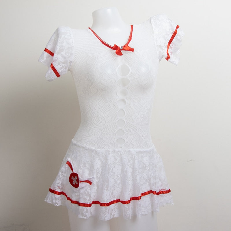 Embroidery Hollow Out Dress Nurse Lingerie Set