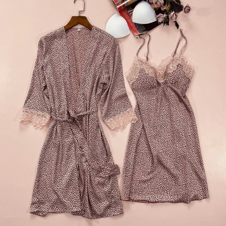 Leopard Print Floral Lace Trim Silk Loungewear Set