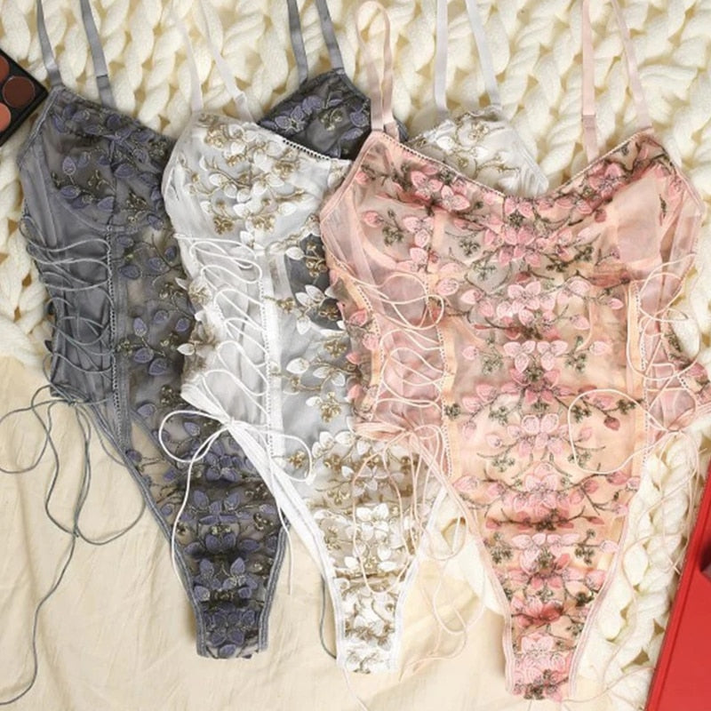 Embroidered Floral Lace Up Mesh Teddy Bodysuit