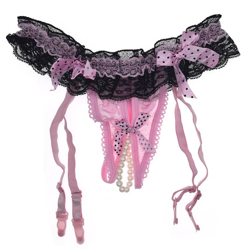 Floral Ruffle Mesh Crotchless Pearl Garter Belts