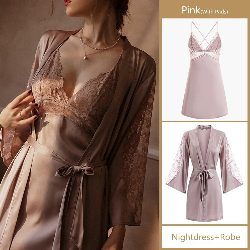 Floral Lace Mesh Satin Hollow Out Tie Robes Nightwear