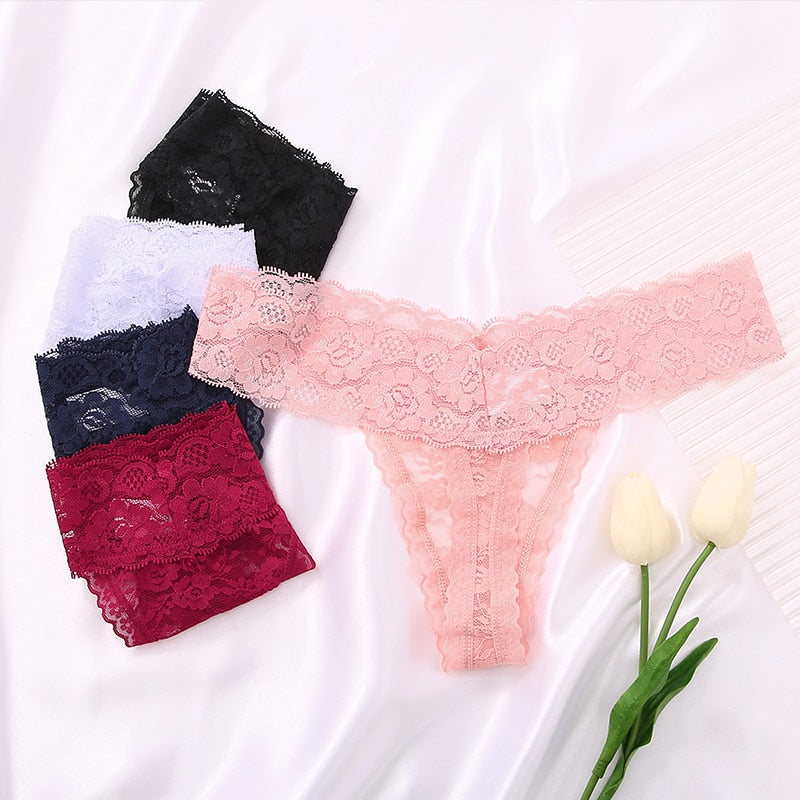 Floral Lace Mesh Hollow Out Thong Low Rise Panties