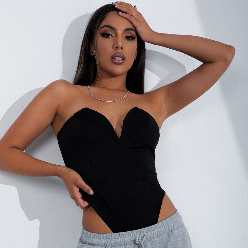 Sexy Solid Strapless V Shape Chest High Cut Bodysuit