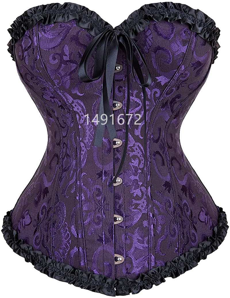 Satin Floral Print Lace Up Boned Top Overbust Corset