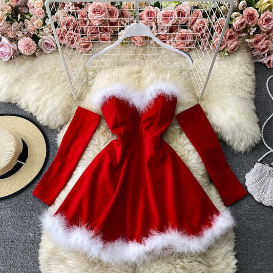 Merry Santa A Line Fluffy Mini Christmas Dress