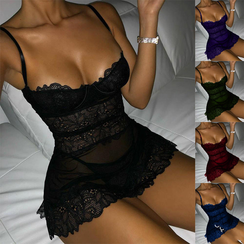 Floral Mesh Lace Scallop Tight Sling Solid Nightgowns