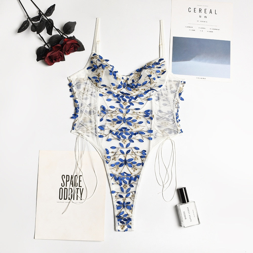 Floral embroidered lace-up mesh teddy bodysuit detail