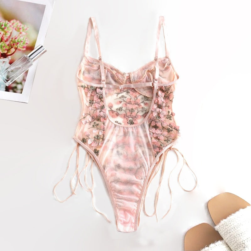 Sheer mesh embroidered floral teddy bodysuit lingerie