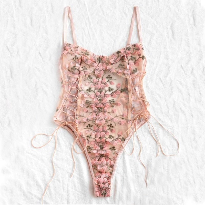 Embroidered floral lingerie teddy bodysuit design