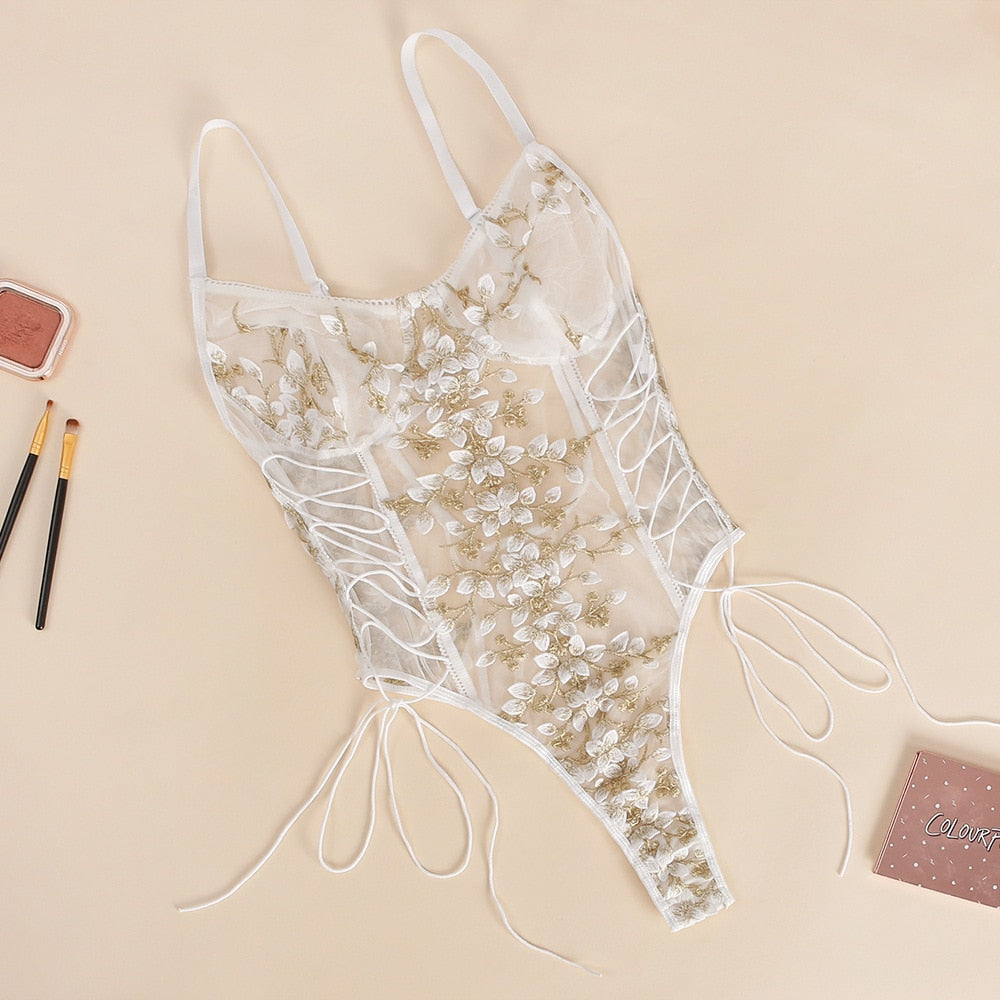 Floral lace mesh teddy bodysuit with adjustable straps