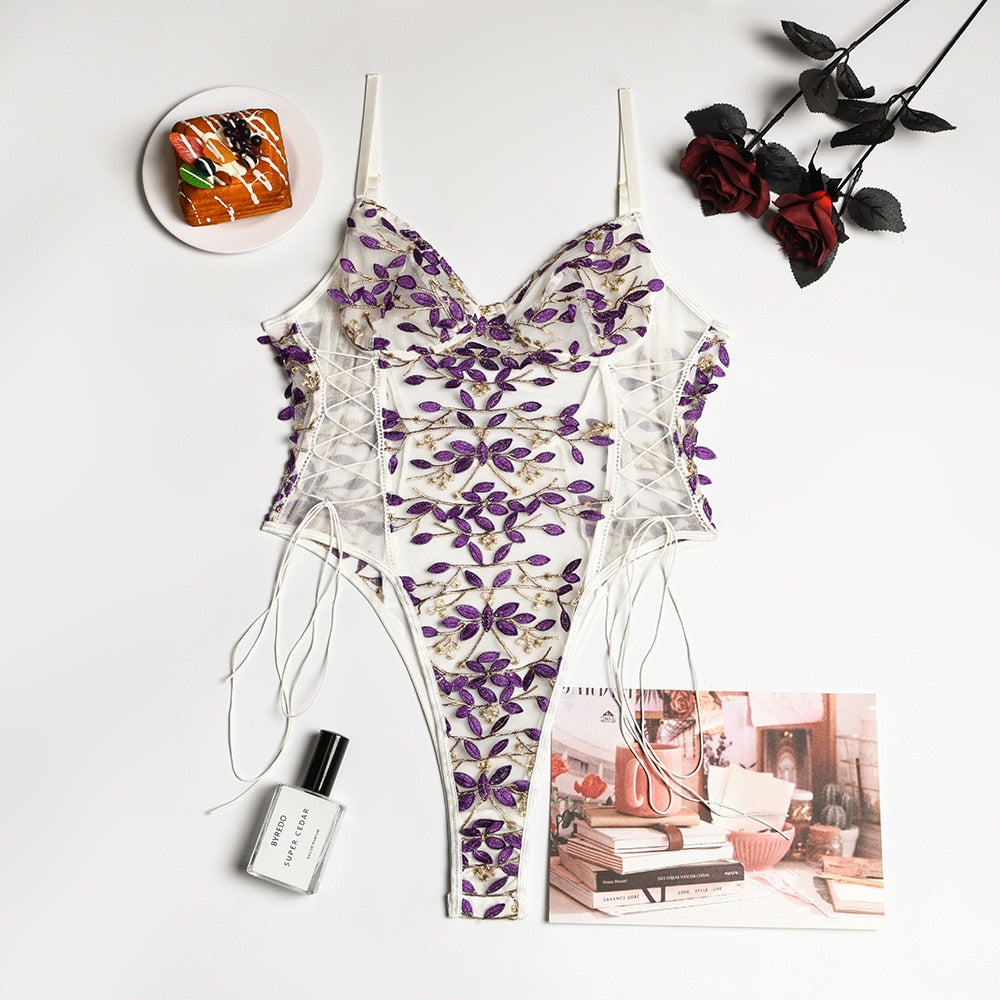 Elegant embroidered mesh teddy bodysuit lingerie