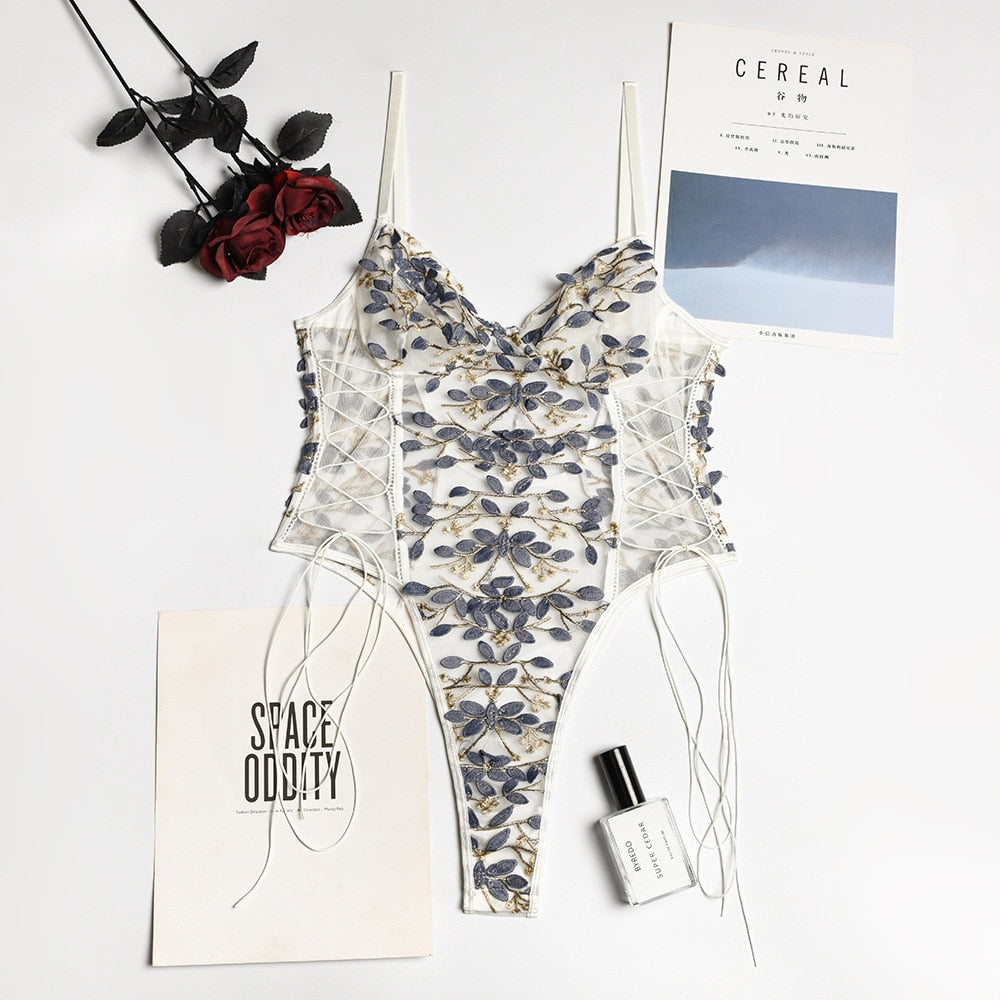 Floral lace-up teddy bodysuit with sheer mesh detail