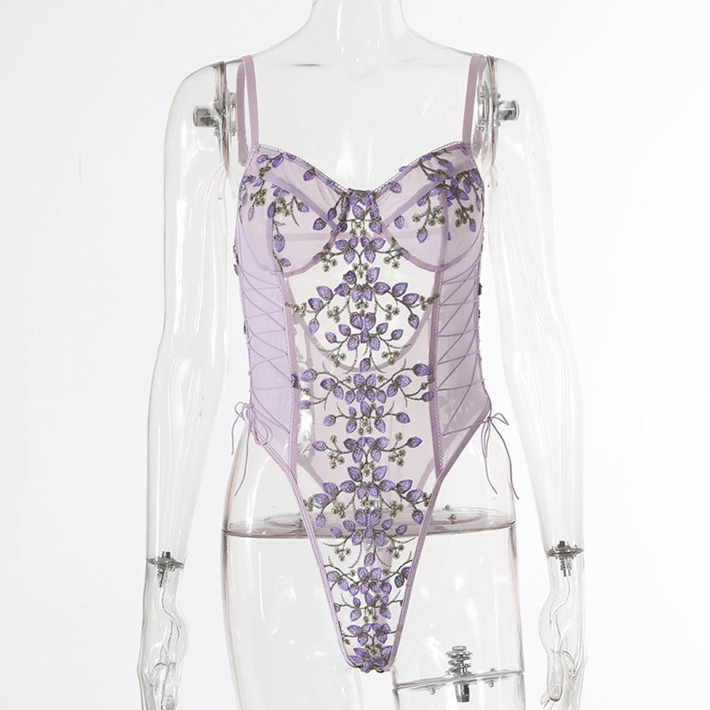 Romantic floral embroidered lace teddy bodysuit