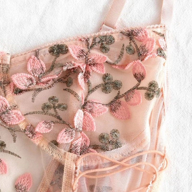 Embroidered mesh teddy bodysuit with floral detailing