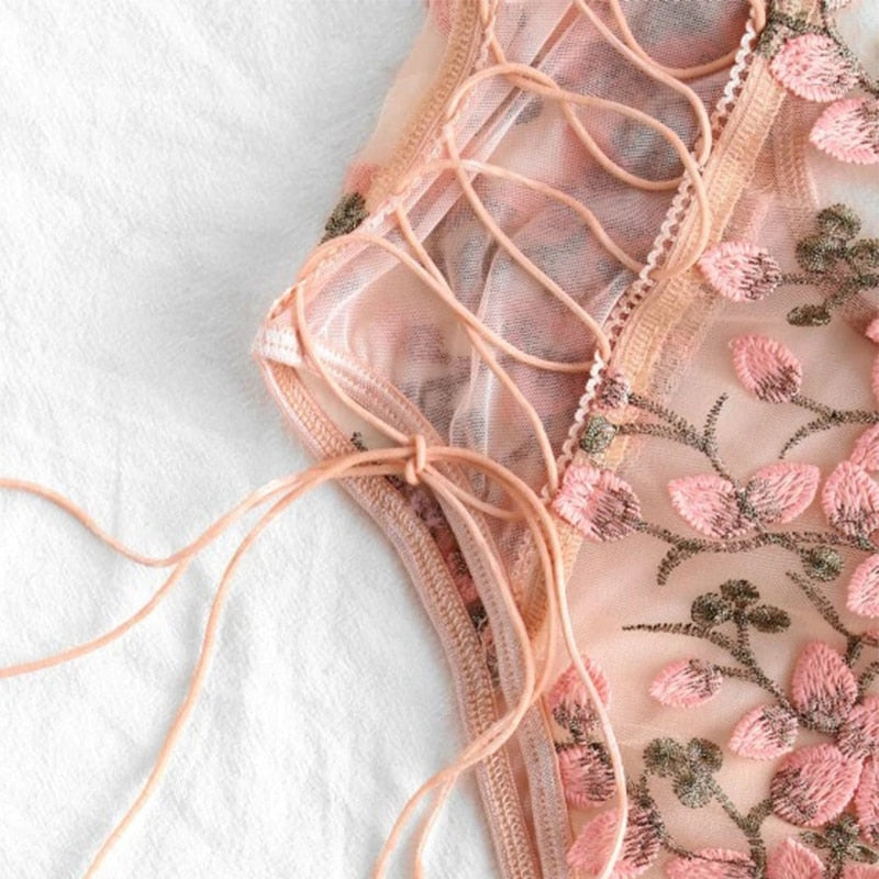 Floral lace lingerie teddy bodysuit close-up