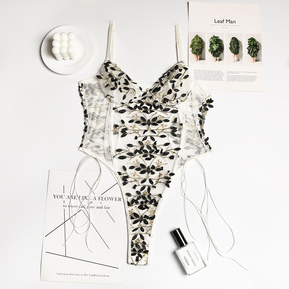 Adjustable strap embroidered floral teddy bodysuit