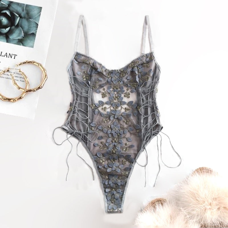 Full-cup floral mesh teddy bodysuit lingerie