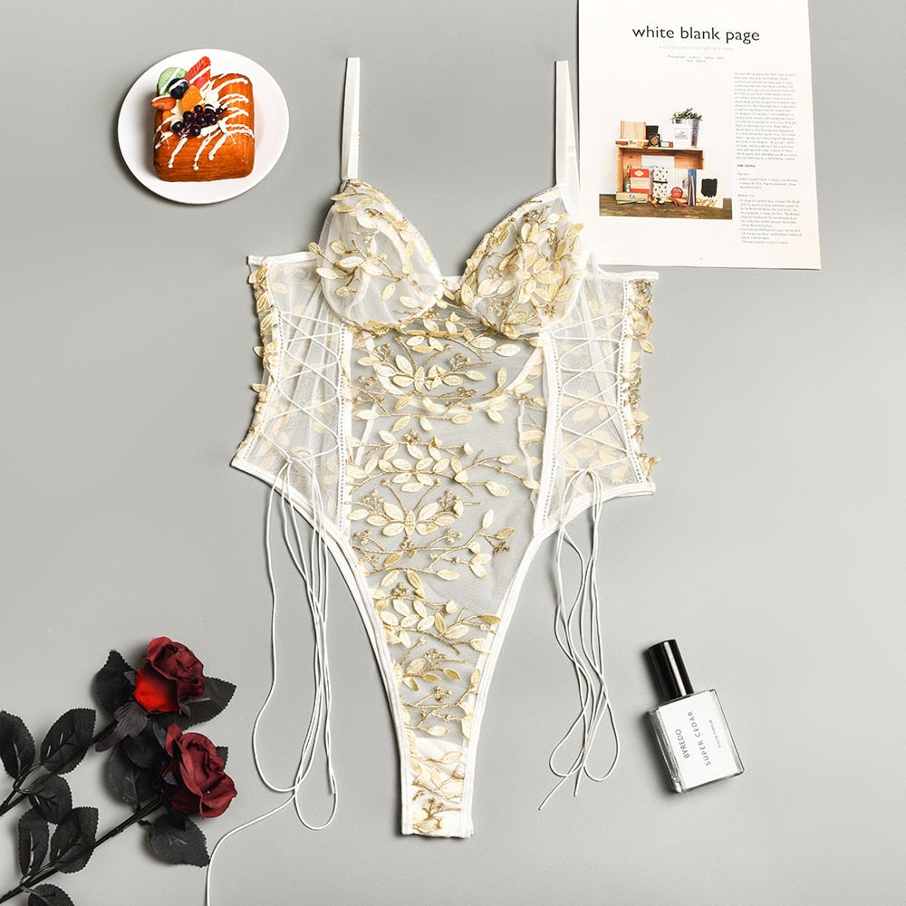 Elegant lace-up mesh lingerie teddy for women
