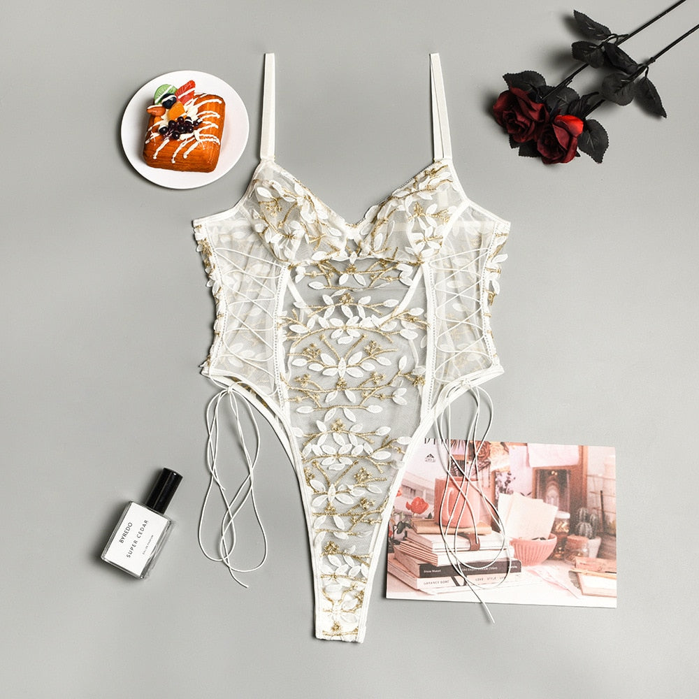 Floral lace-up mesh teddy bodysuit by Auggust