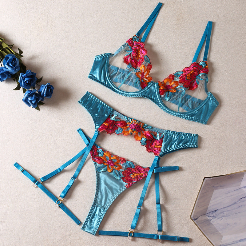 Sexy Contrast Embroidered Flowers Lingerie Set