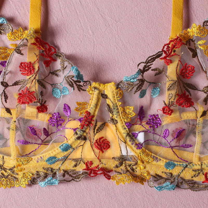 Sexy Embroidered Floral Mesh Garter Lingerie Set