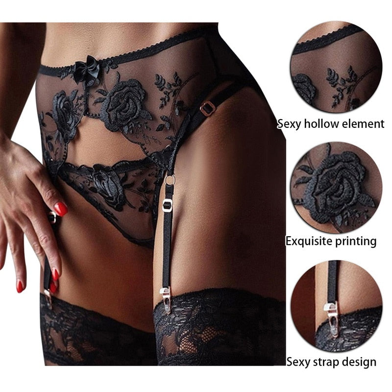 Floral Embroidered Lace Garter Belt – Adjustable Suspenders – product image 3