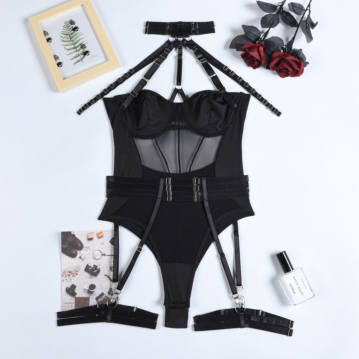 Halter Neck Mesh Suspender Bodysuit - Suspender Bodysuit - Auggust lingerie image 7