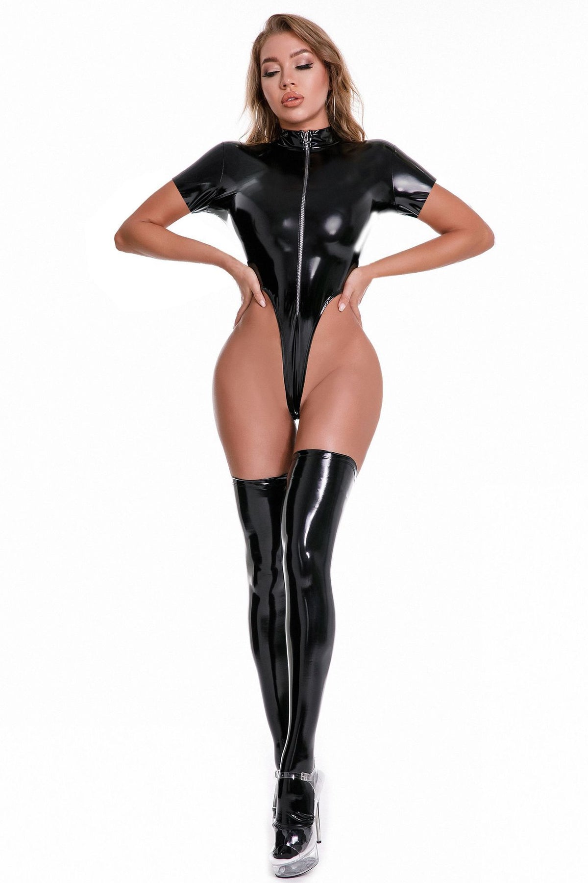 Wet look leather zipper thong bodysuit full look for nightlife styling